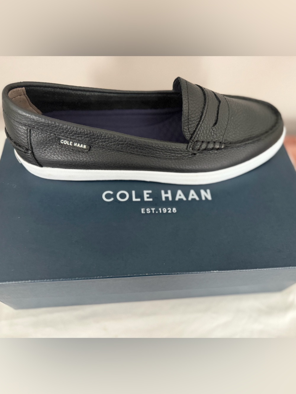 Cole Haan Black Pebbled Leather Slip-On Loafers with White Soles - Picture 9 of 11